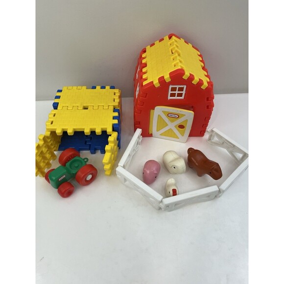 Vintage VTG Little Tikes Wee Waffle Blocks 1991 Farm Barn Extras Fence Animals - Picture 1 of 11